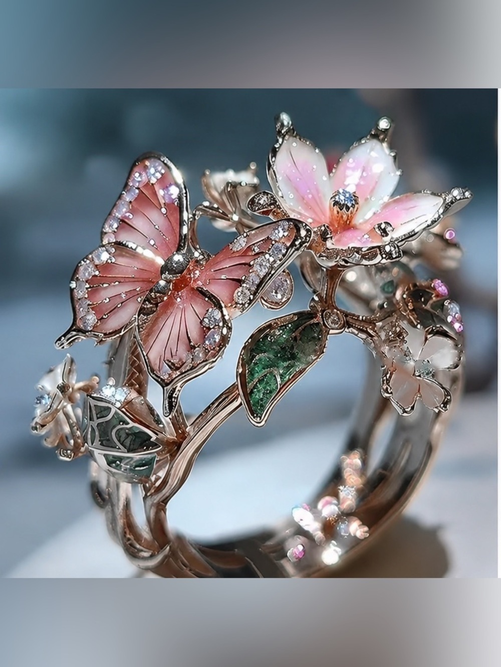 Butterfly & Floral Enamel Statement Ring